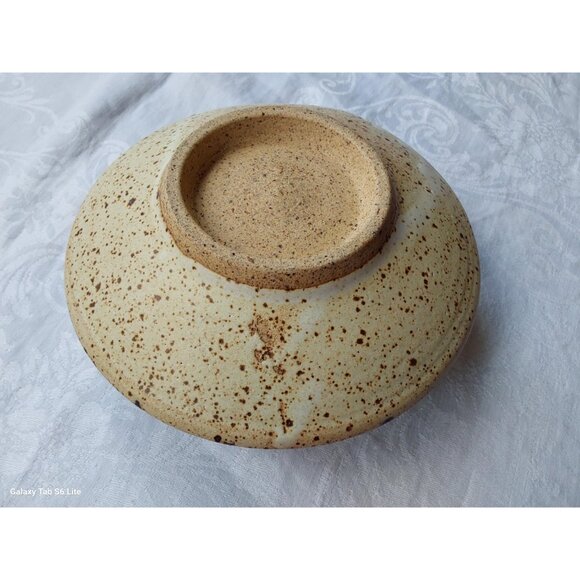 Vintage studio pottery candle holder with handle speckled glaze with blue motif - Picture 5 of 7